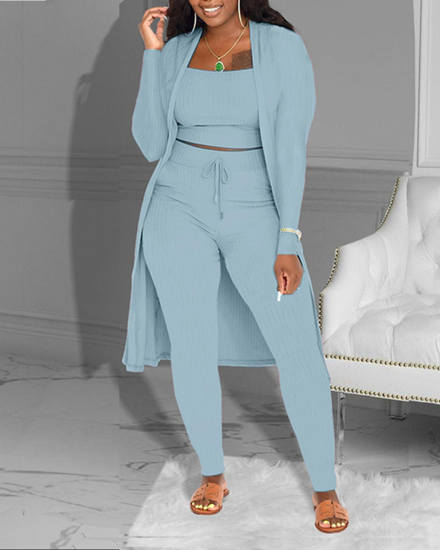 Casual Knitted Long Cardigan Vest And Pants Three Piece Set