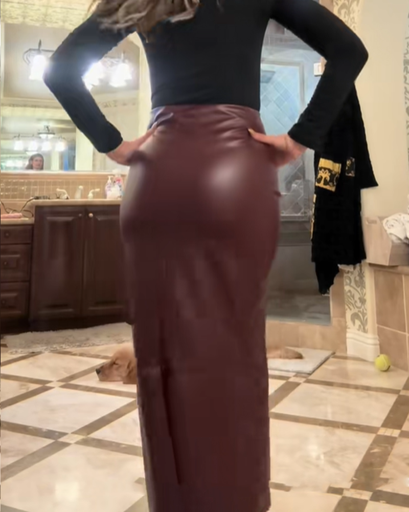 Solid Color PU Leather Skirt Fashionable And Casual Midi Skirt