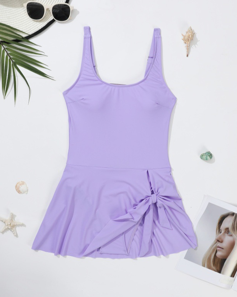 Asymmetrical Hem Pleated And Knotted One-Piece Swimsuit For Beach Vacation