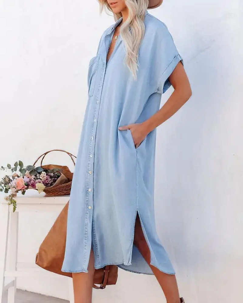 Denim Short Sleeve Button Down Long Dress With Side Split