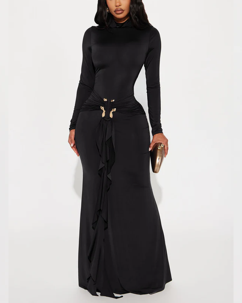 High Neck Long Sleeved Fitted Dress With Metallic Ribbon At The Waist And Ruched Details Elegant Evening Gown