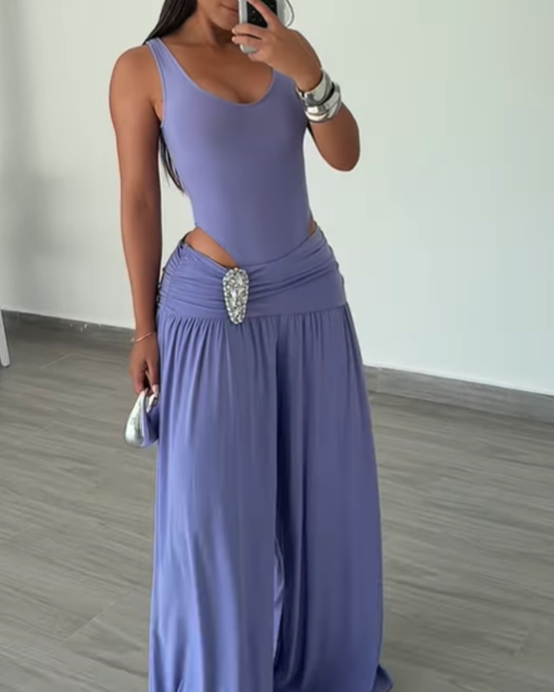 Tank Bodysuit Rhinestone Waist Draped Wide Leg Pants Two Piece Set
