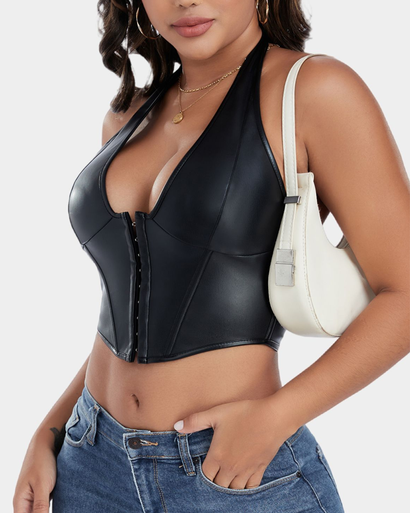 PU Leather Button Down Vest Corset
