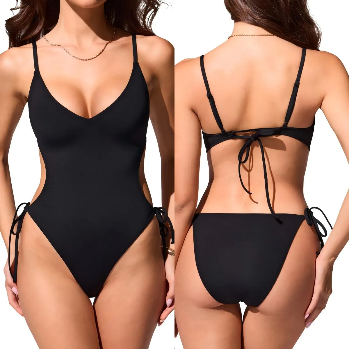 DOBREVA Women's One Piece Swimsuit Strappy Backless Bathing Suit Cut Out Lined Scoop Neck Adjustable Straps Swimwear