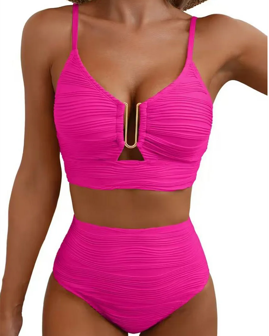 Two-Piece Bikini Set U-Shaped Underwire Hollow High Waist Textured Swimsuit
