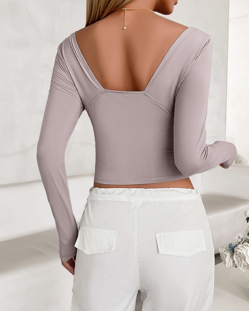 V-Neck Slim Fit Long Sleeve Top-Curvy-Faja