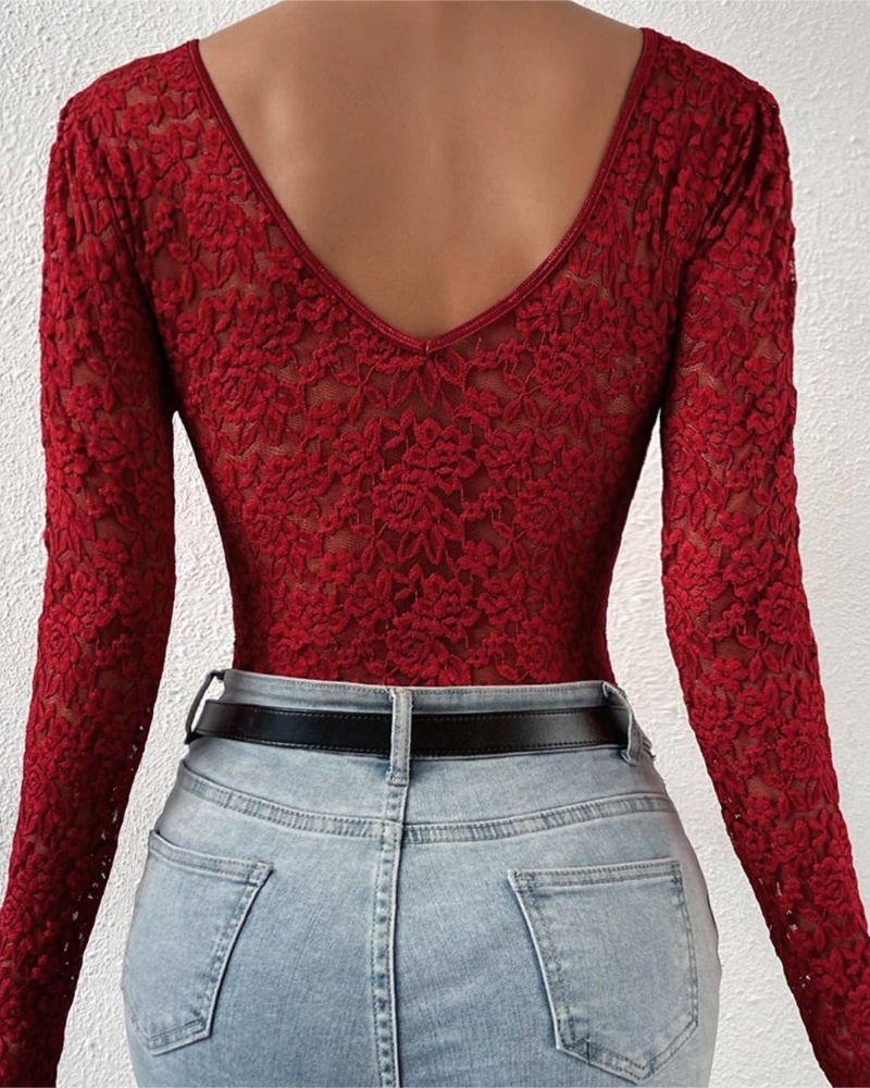 Floral Lace Sheer Long Sleeve Bodysuit V Neck Slim Fit Thong Body Shaper