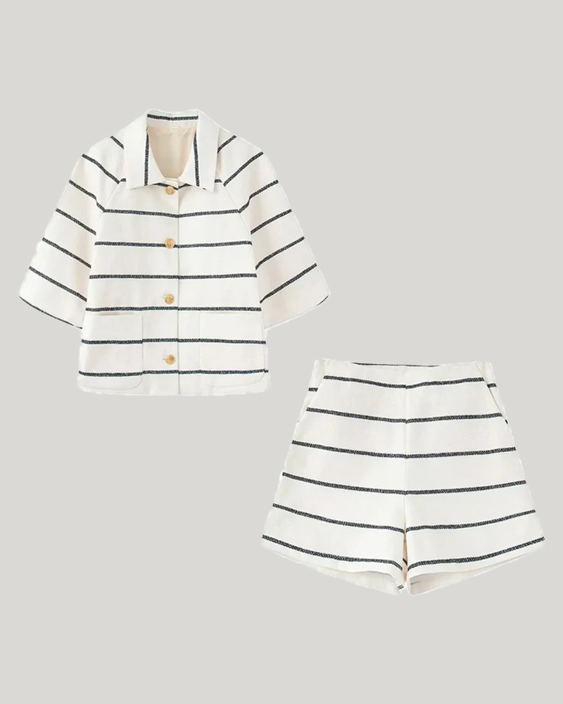 Striped Color Block Crew Neck Long Sleeve Knit Top With Pocket Shorts Set