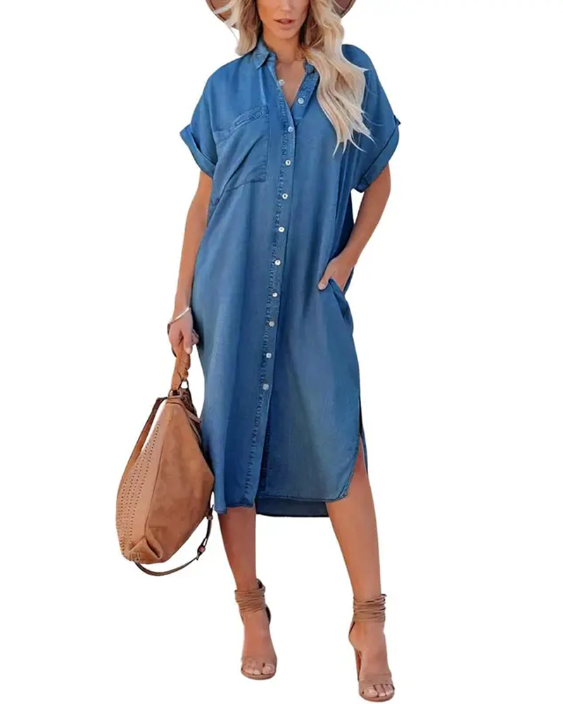 Denim Short Sleeve Button Down Long Dress With Side Split
