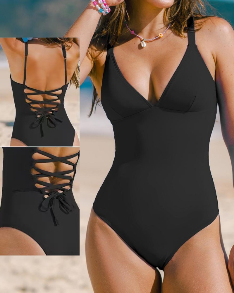 Deep V Neck Tummy Control One Piece Swimsuit with Adjustable Back Tie