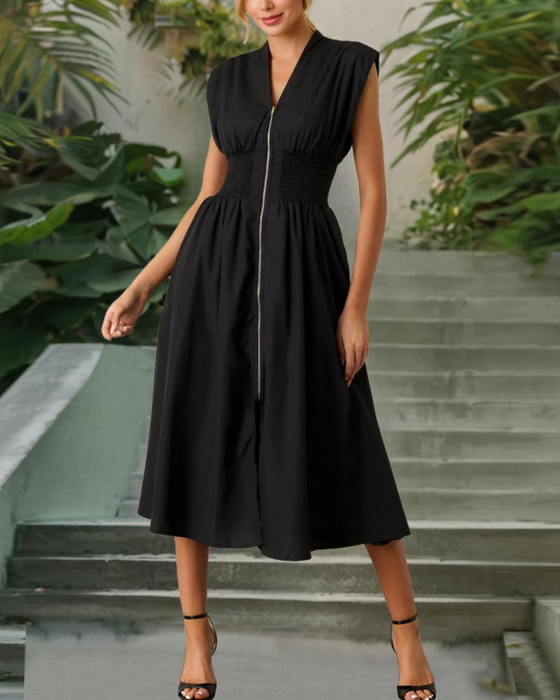 V-Neck Sleeveless Ruched High Slit Zipper Maxi Dress