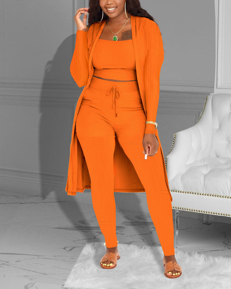 Casual Knitted Long Cardigan Vest And Pants Three Piece Set