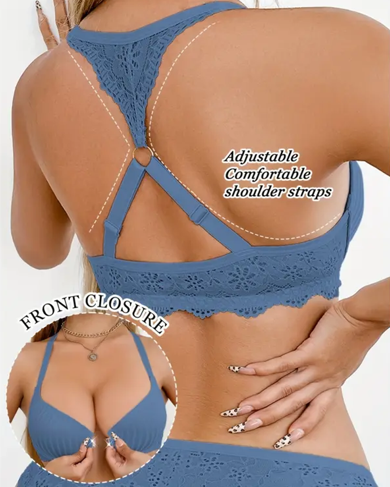 Underwire Push-Up Front-Closure Lace Backless Bra For Valentine'S Day