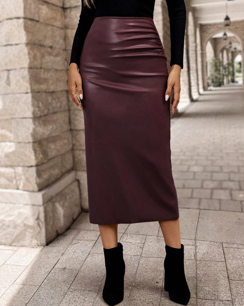 Solid Color PU Leather Skirt Fashionable And Casual Midi Skirt