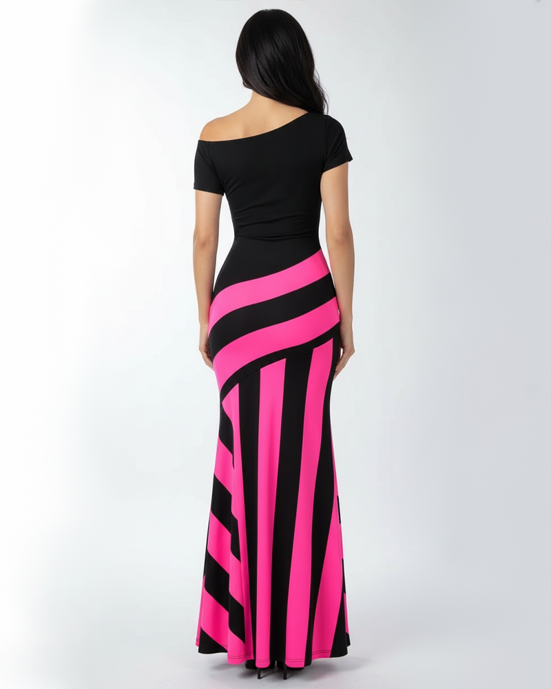 Women's Colorblock Asymmetrical Neck Mermaid Dress