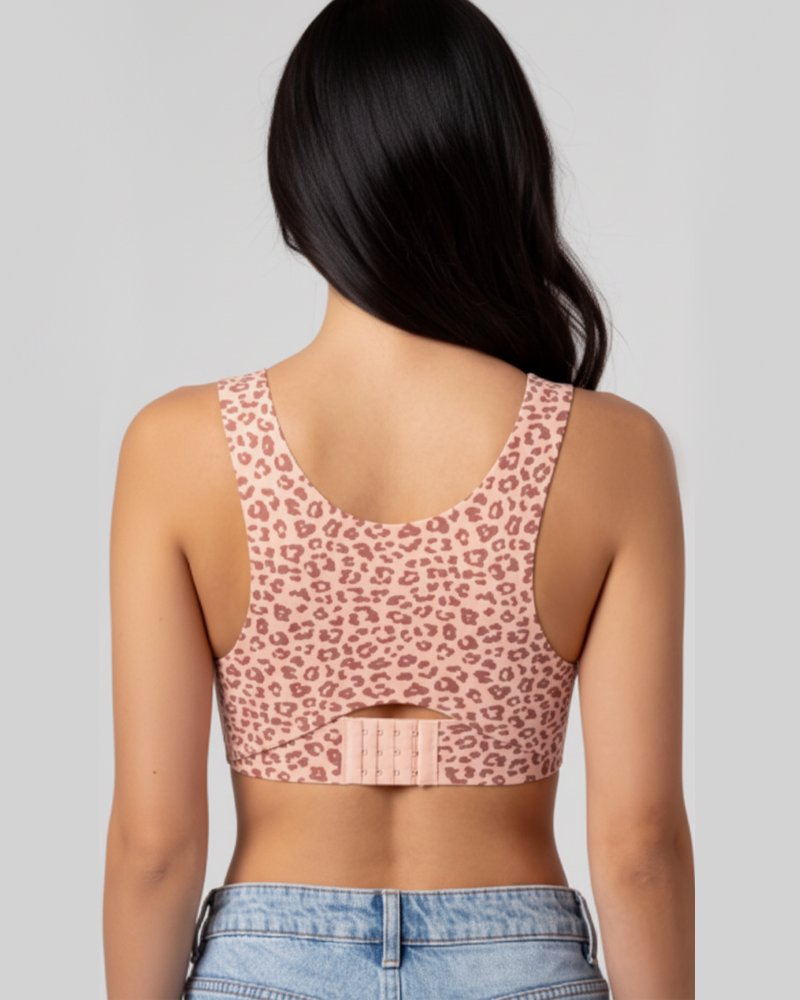 Vest Style Front Closure Wire-Free Leopard Polka Dot Push-Up Shaping Back Support Bra