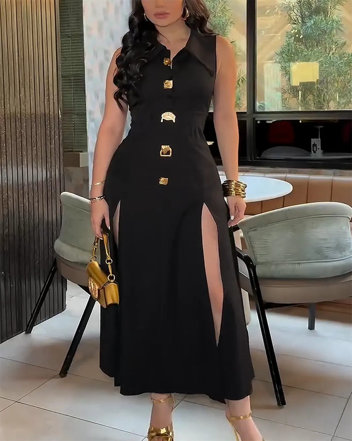 Women's V-neck Metal Button Sleeveless Long Dress（Pre-Sale）