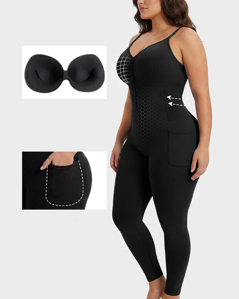 Front Zipper Full Body Shaper With Pockets Removable Pads Easy Take‑Off (Pre‑Sale)