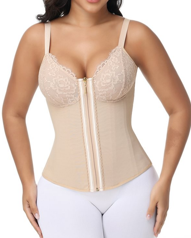 Deep V Lace Corset Top Trimmed Waist Trainer with Front Zipper