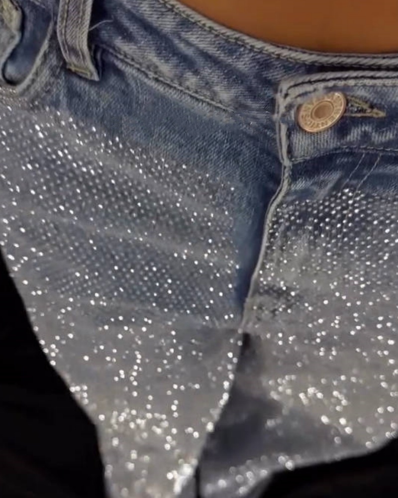 Women's Rhinestone Jeans Wide Leg Flare Denim Pants High Waist Sparkle Shiny Sequin Glitter Trouser