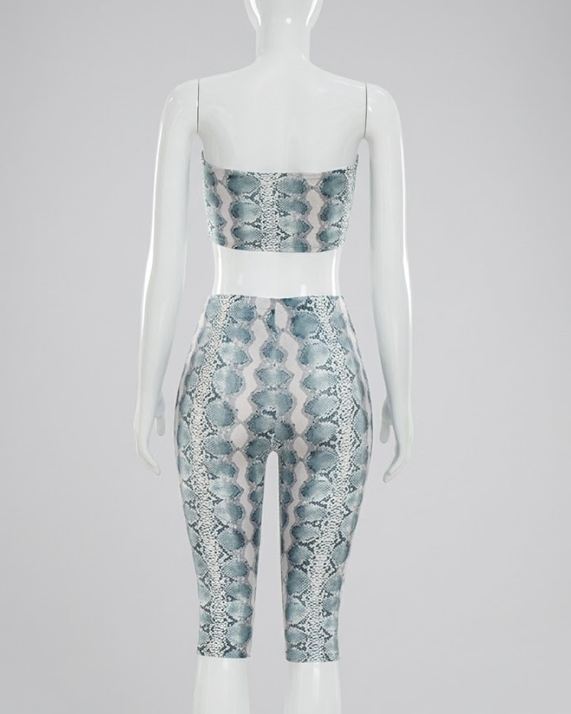 Snake Print Tube Top Skinny Capri Pants 2 Piece Outfit Set