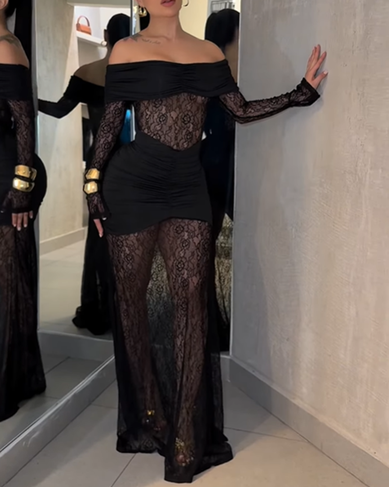 Lace Trimmed Off Shoulder Long Sleeved Bodycon Dress