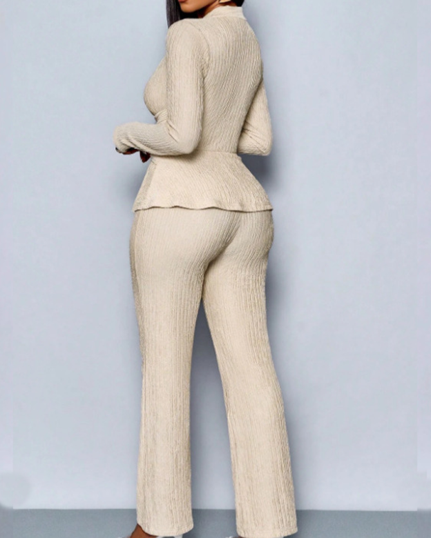 Stylish And Elegant V Neck Fitted Waist Long Sleeved Trouser Suit