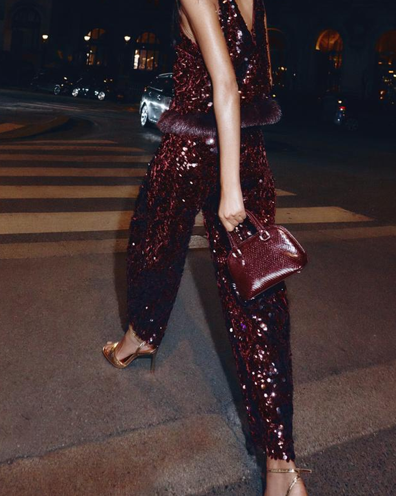 Fashionable Red Sequined Bucket Pants