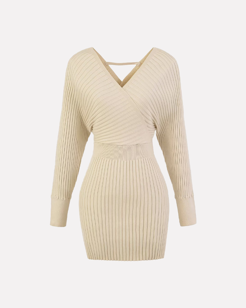 Elegant V Neck Knit Long Sleeve Bodycon Midi Dress