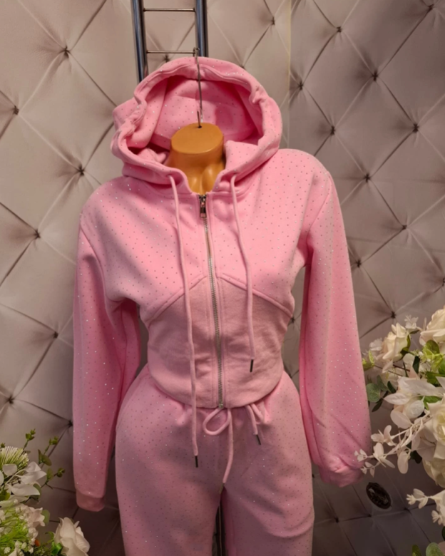 Casual Sporty Rhinestone Hooded Sweatshirt And Pants Two-Piece Set (Pre-Sale)