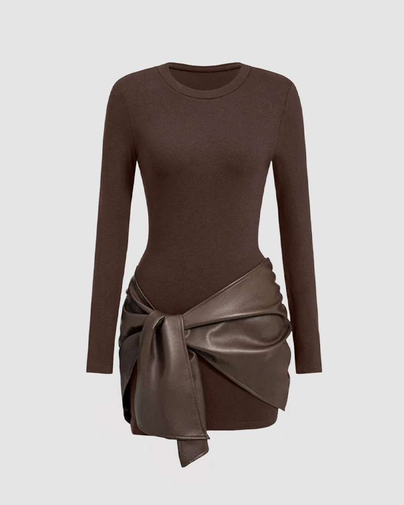 Patchwork Knotted Side Ruched Long-Sleeved Mini Dress