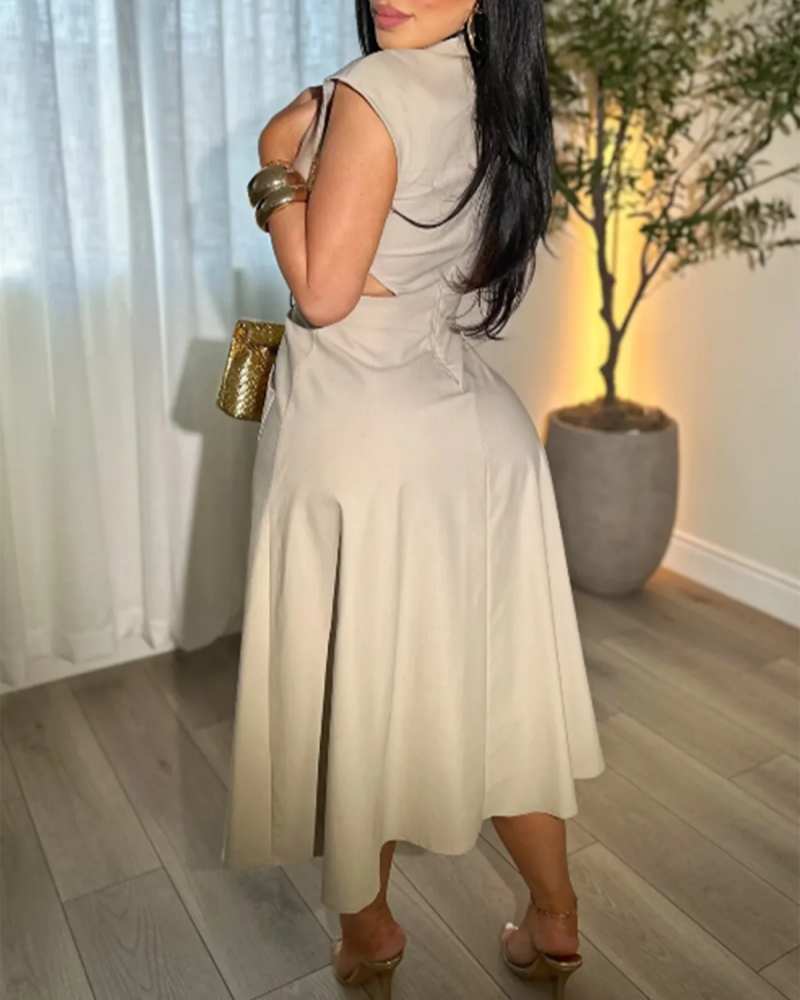 Business Suit Sleeveless Shirt Collar Dress Waist Hollow Design Long Skirt-Curvy-Faja