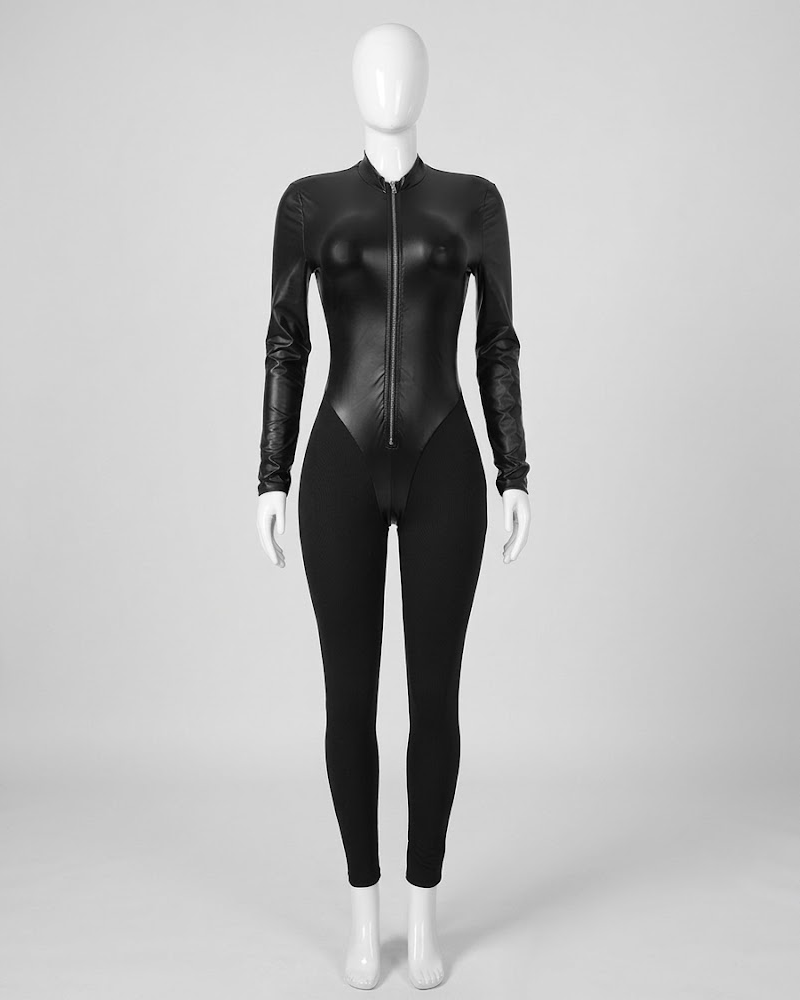 Halloween Solid Color Faux Leather Panel Long Sleeve Slim Long Jumpsuit With Zipper