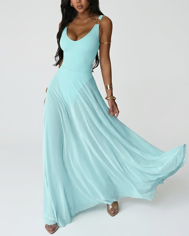 Elegant Sleeveless Deep V Neck Tulle Slip Dress