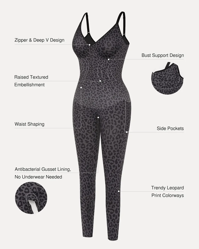 Front‑Zipper Deep‑V Adjustable Straps Shapewear Jumpsuit（Pre‑Sale）
