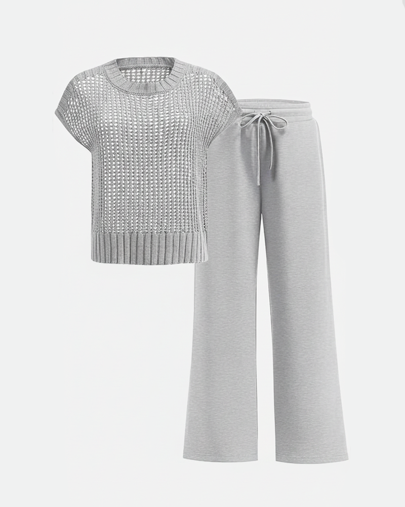 Crochet Knit Tulle Round Neck Short Sleeve Sweater Wide‑Leg Pants Set