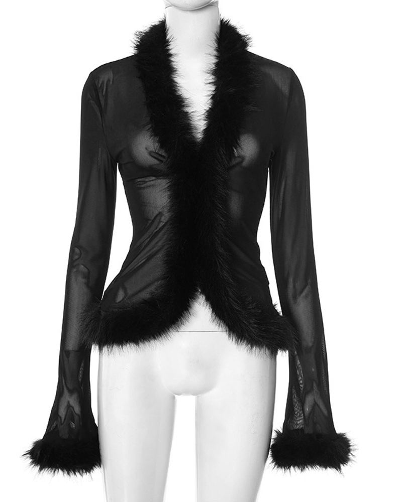 Mesh Sheer Collar Long Sleeved Cropped Cardigan Top