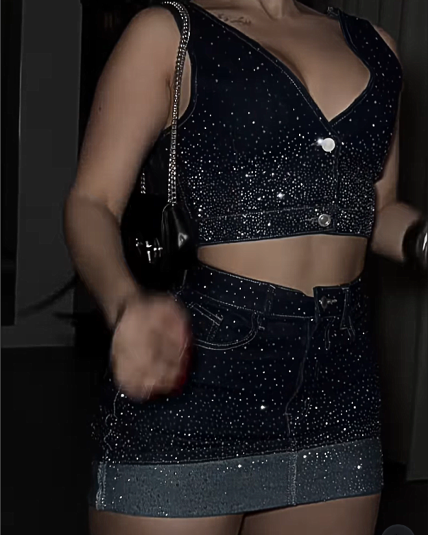 Sparkling Rhinestone Denim Skirt Set (Pre-Sale)
