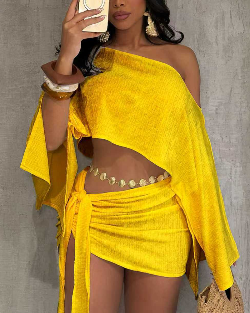 Vacation Style Asymmetrical Neck Crop Top Tight Mini Skirt Set