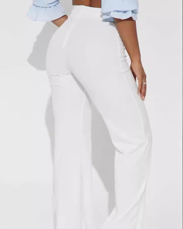 Fashionable White High-Waist Straight Pants-Curvy-Faja