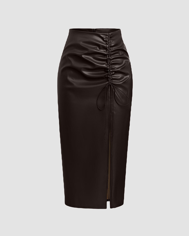 Pleated Drawstring PU High-Waisted Slit Midi Skirt