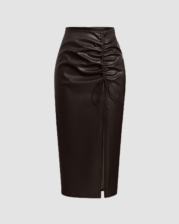 Pleated Drawstring PU High-Waisted Slit Midi Skirt