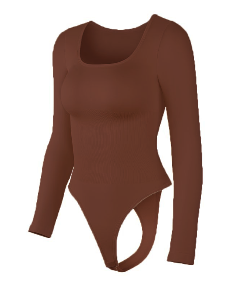 Long-Sleeved Square Neck Slim Waist Bodysuit-Curvy-Faja