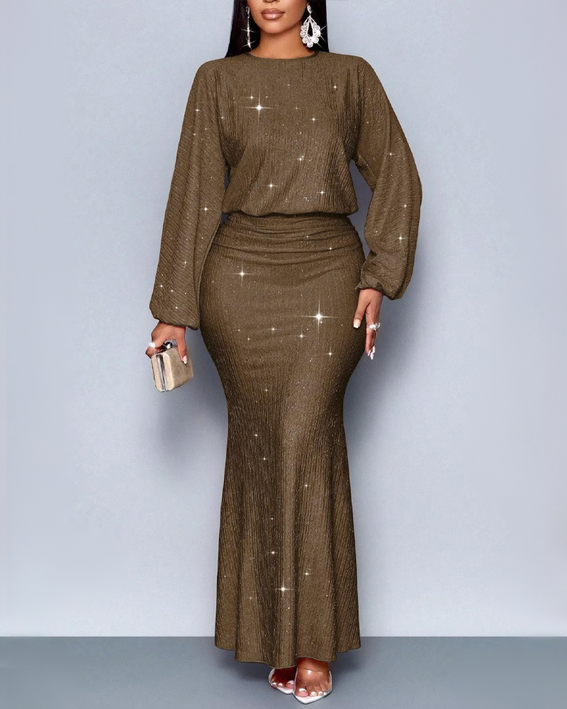 Fashion Sequin Embellished Long Sleeve Mermaid Skirt Ruched Elegant Dress