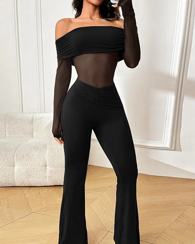 Mesh-Paneled Off-Shoulder Long-Sleeved Jumpsuit
