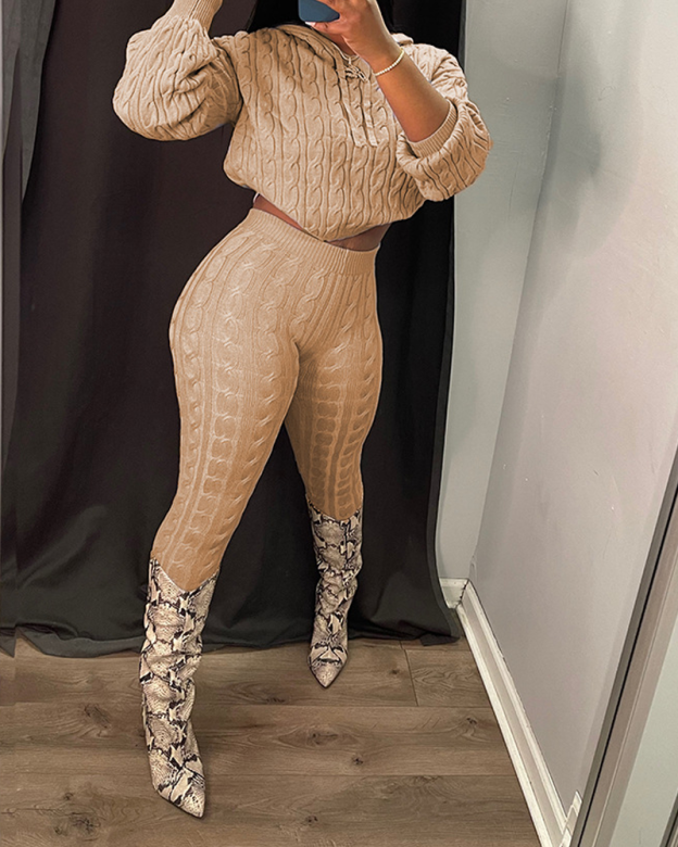 Casual Textured Long-Sleeved Knit Set