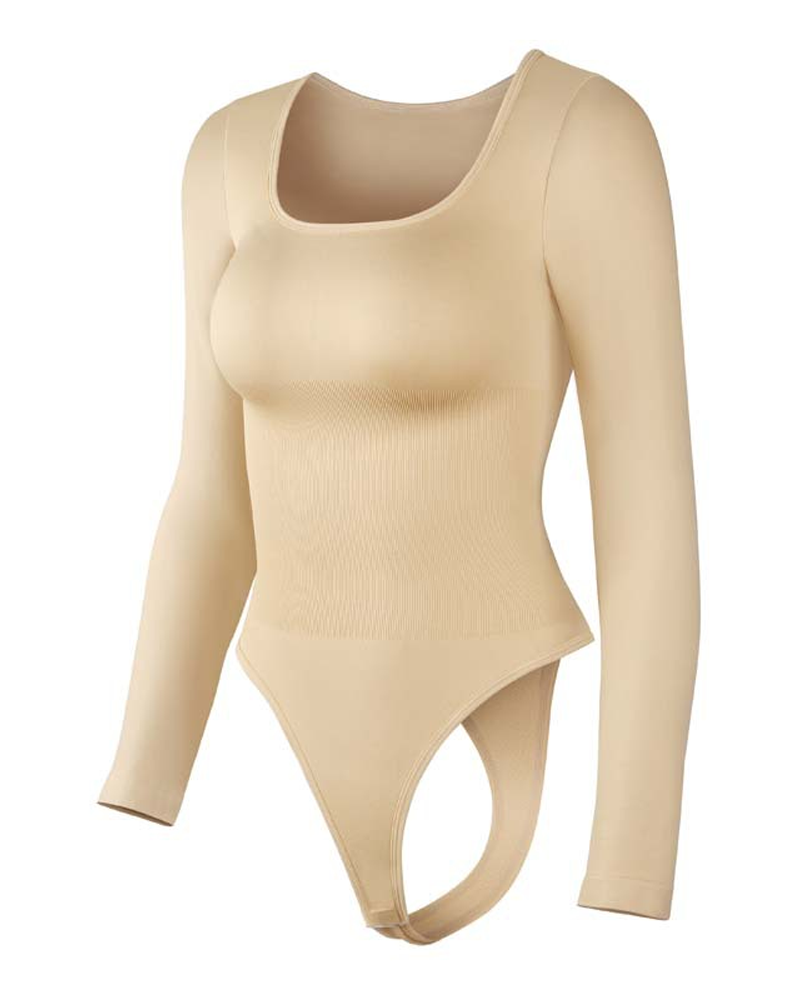 Long-Sleeved Square Neck Slim Waist Bodysuit-Curvy-Faja