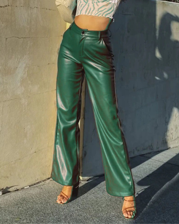 Casual High-Waisted Straight-Leg PU Leather Pants