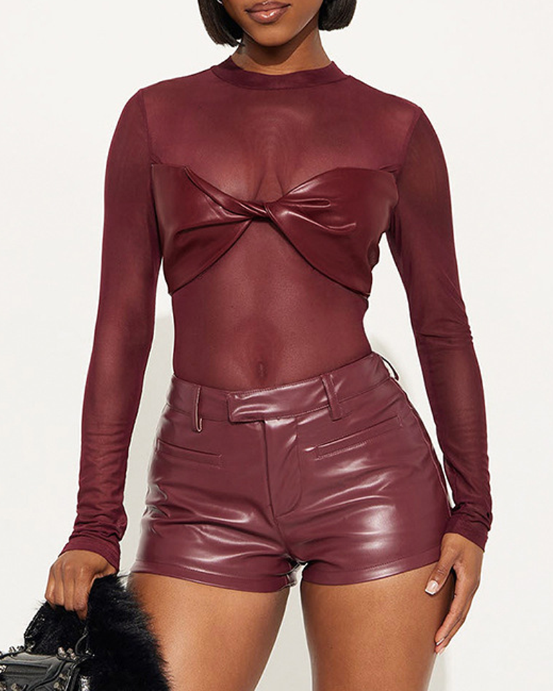 Sexy Mesh PU Leather Long-Sleeved Slim Fit Bodysuit