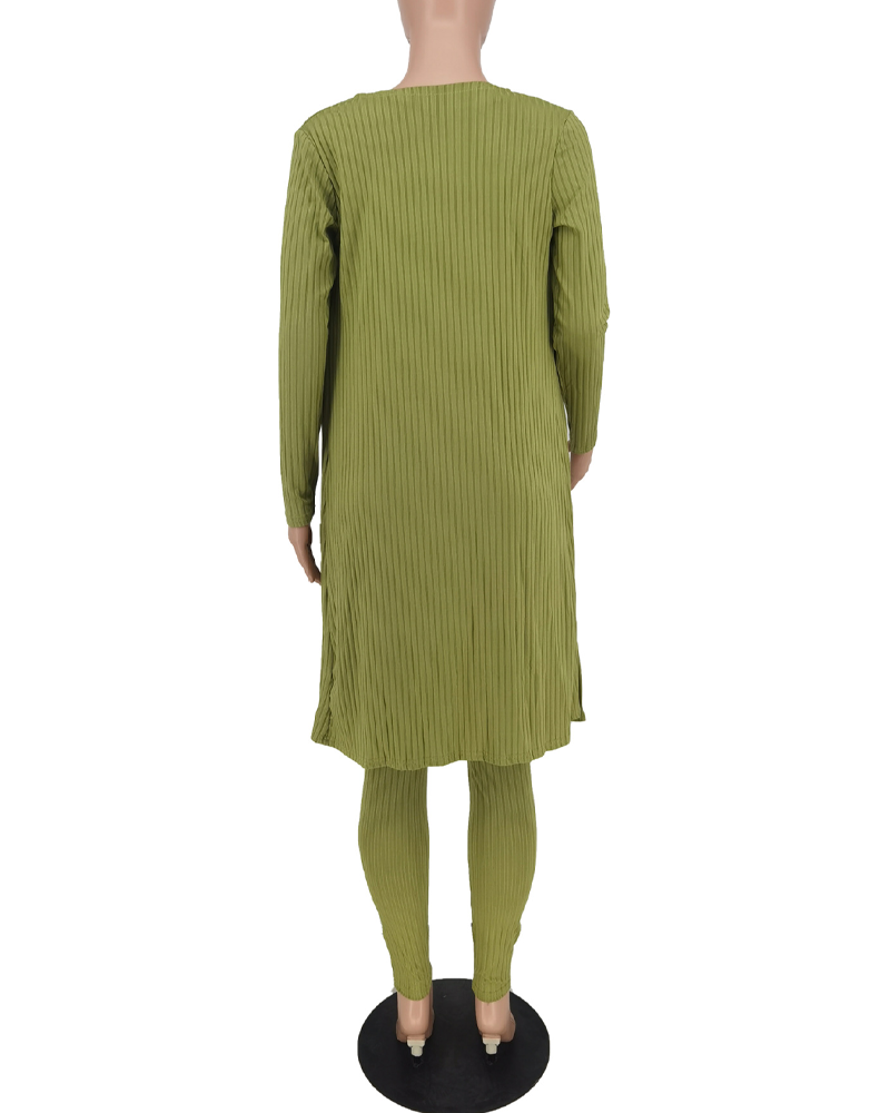 Casual Knitted Long Cardigan Vest And Pants Three Piece Set